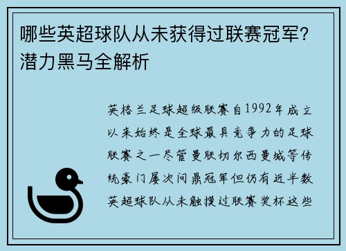 哪些英超球队从未获得过联赛冠军？潜力黑马全解析