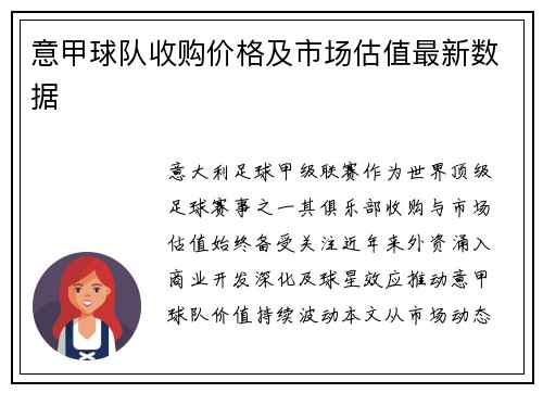 意甲球队收购价格及市场估值最新数据